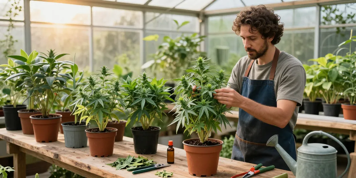 Salvia Divinorum Plant for sale in a vibrant greenhouse with a gardener inspecting healthy plants.