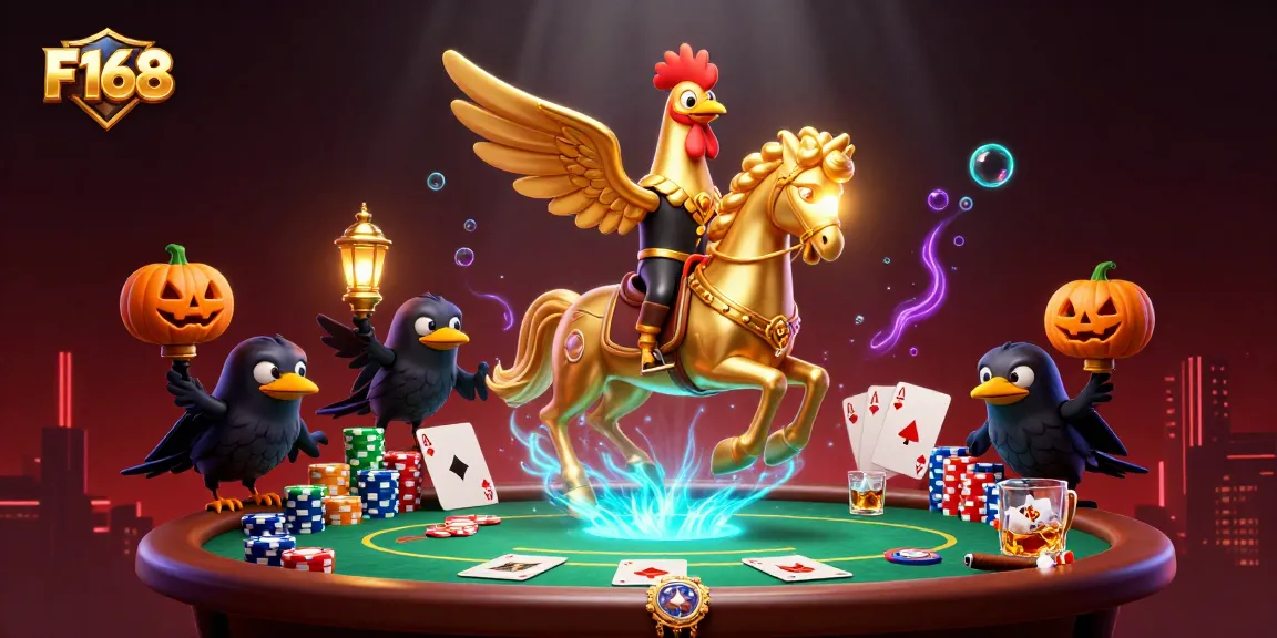 Engage in thrilling gameplay at F168 with a vibrant midnight casino scene showcasing a golden rooster and game elements.
