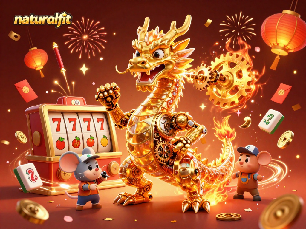 Experience the excitement of naturalfit with vibrant slots and winning jackpots, featuring a golden dragon and dynamic casino elements.