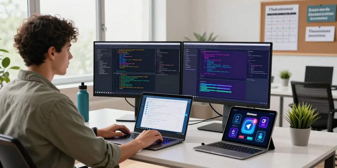 Engaged developer coding on Telegram官网 interface in a bright workspace, showcasing tech innovation and productivity.
