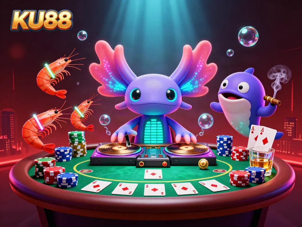 KU88 engages players with a vibrant underwater casino scene, showcasing thrilling poker action.