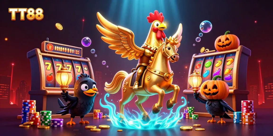 Experience thrilling gameplay at TT88 with vibrant slot reels, golden rooster characters, and dynamic casino scenes.