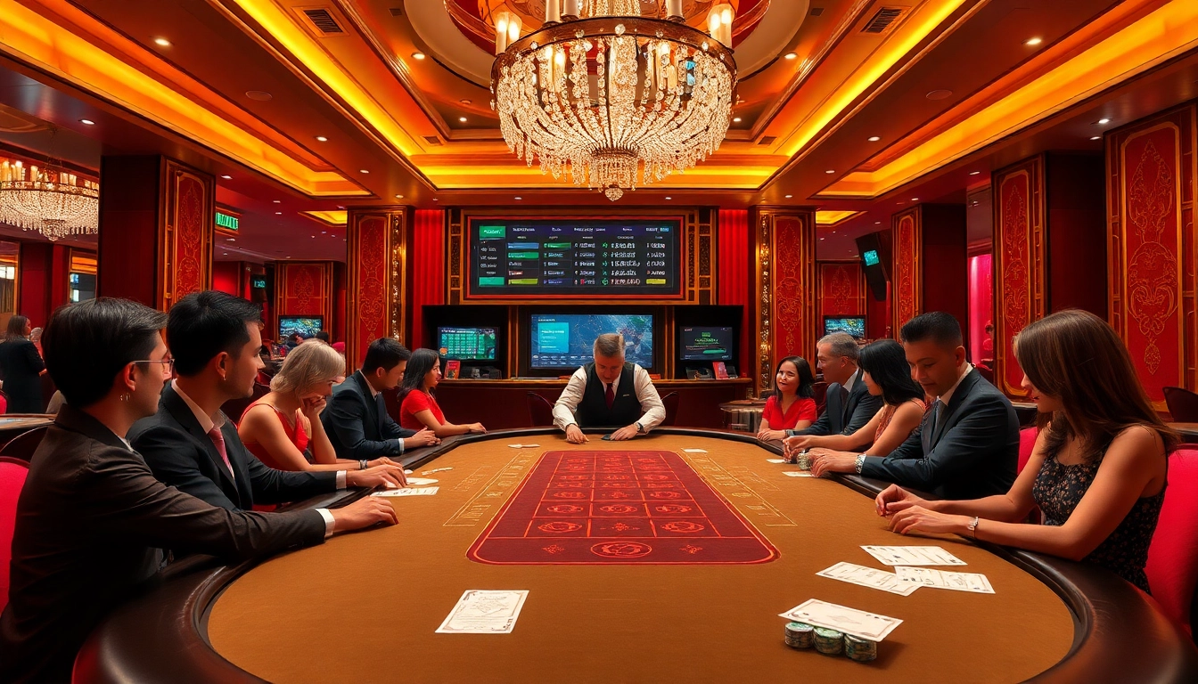 SBOBet players enjoying an upscale baccarat game in a luxurious casino environment.