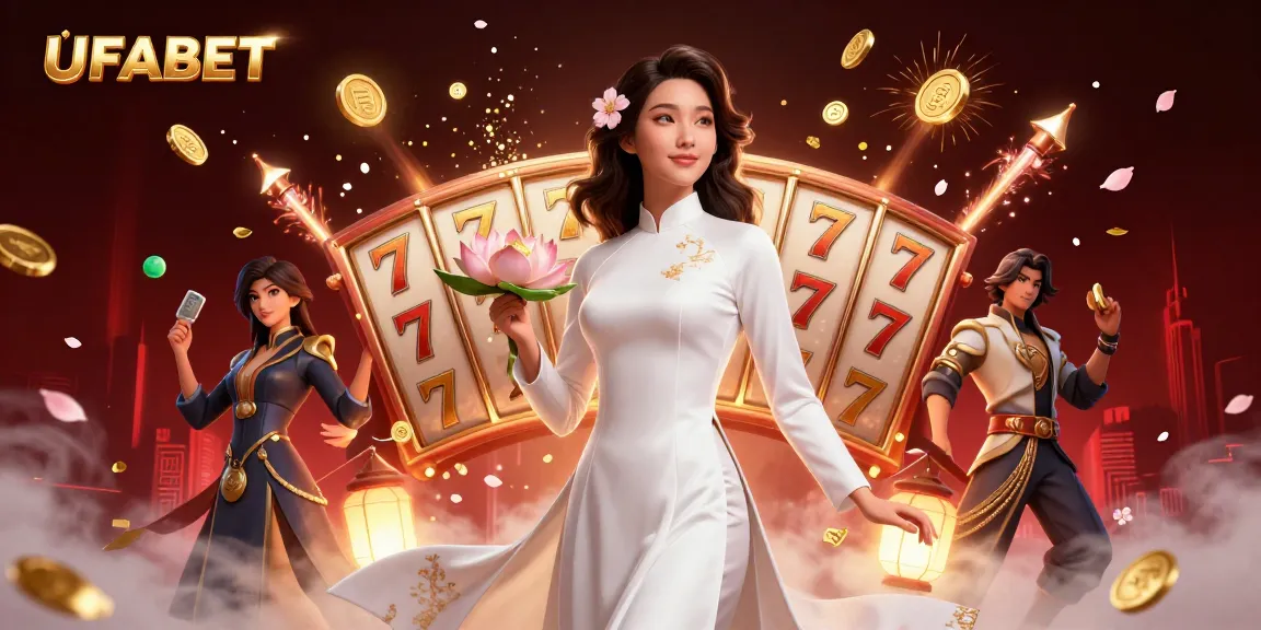 Experience UFABET's vibrant gaming atmosphere with elegant characters in a rich 3D casino illustration.