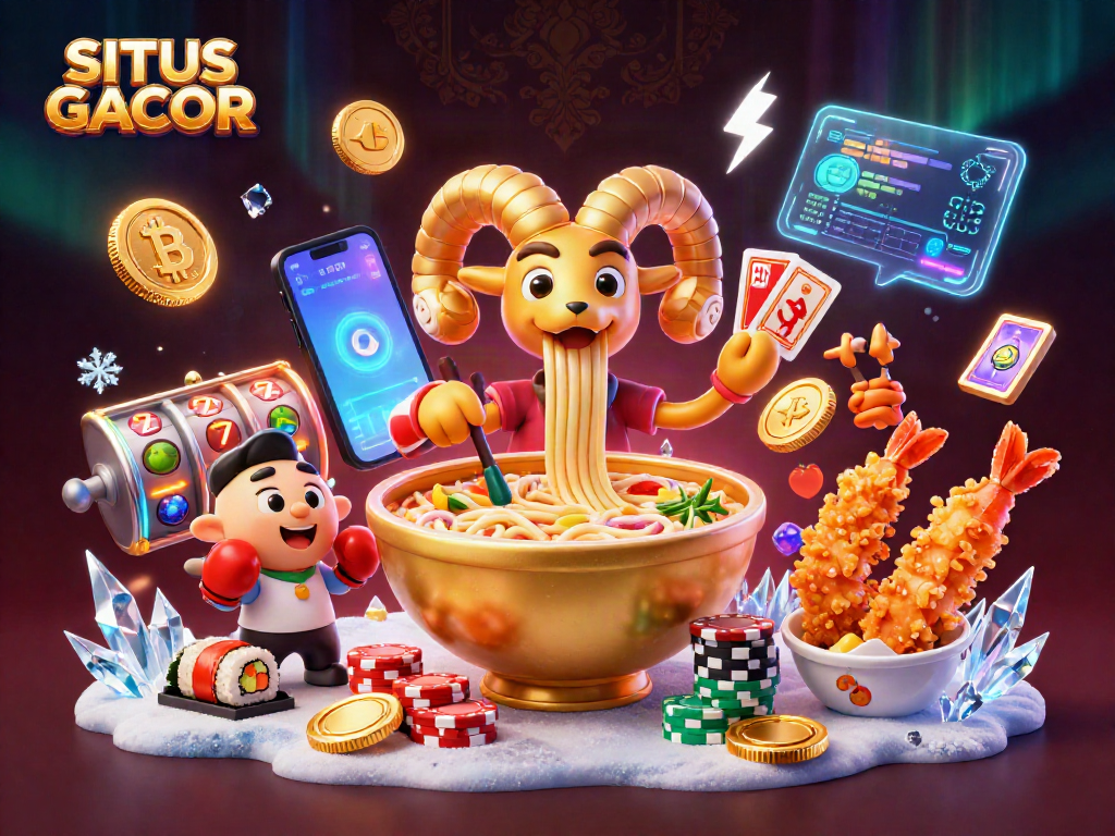 SITUS GACOR showcases a vibrant 3D cartoon scene featuring a golden ramen bowl dealer in an electrifying casino atmosphere.