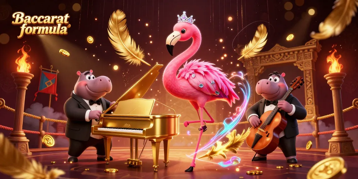 Play baccarat formula with a vibrant casino scene featuring a flamingo singer and hippo bassist.