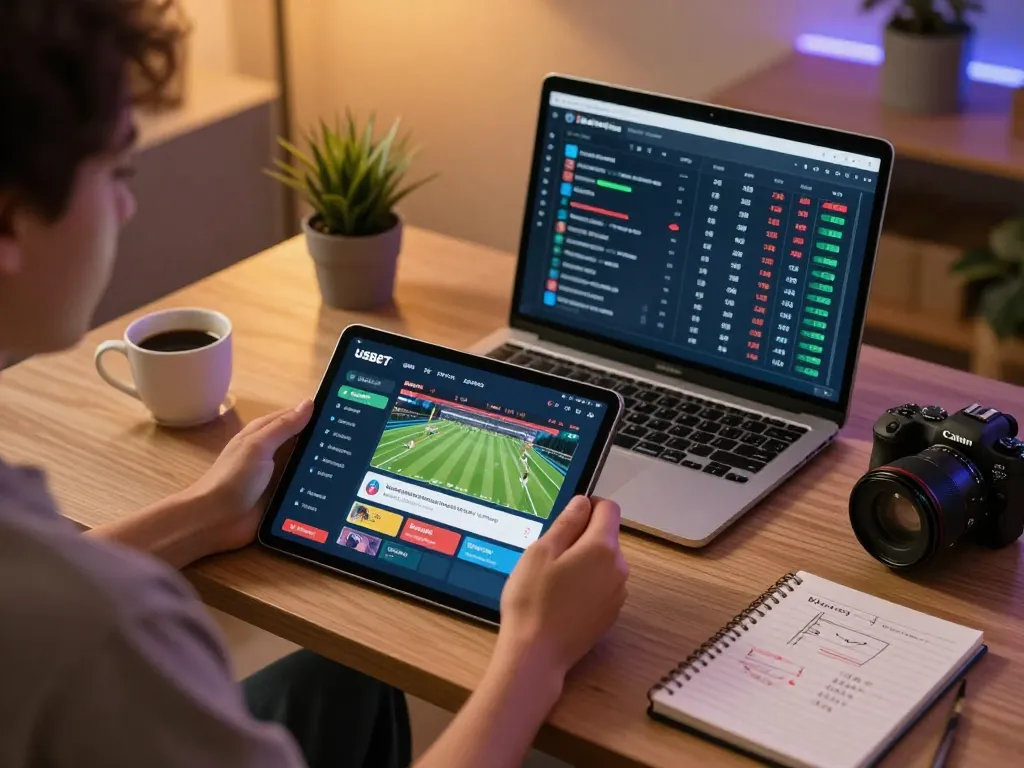 Engaging with the USBET app for sports betting on a modern tablet, showcasing a cozy home gaming environment.