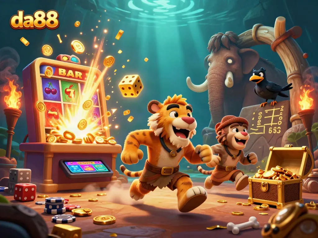 Spin the reels for jackpot wins at da88, featuring dynamic 3D casino elements and characters.