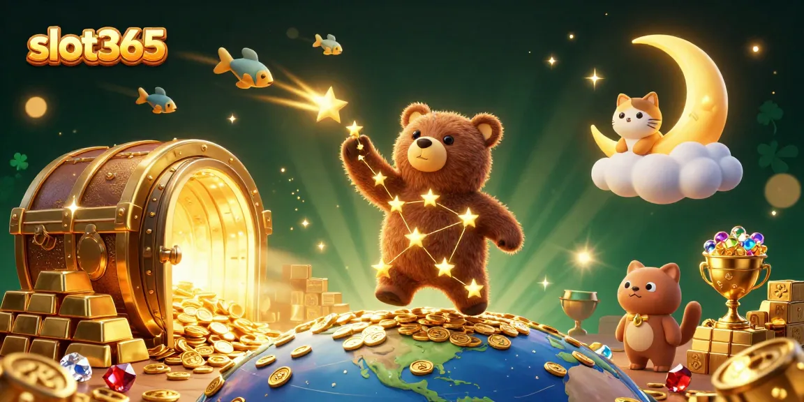 slot365 brings luck with a 3D constellation bear winning coins in a vibrant casino scene