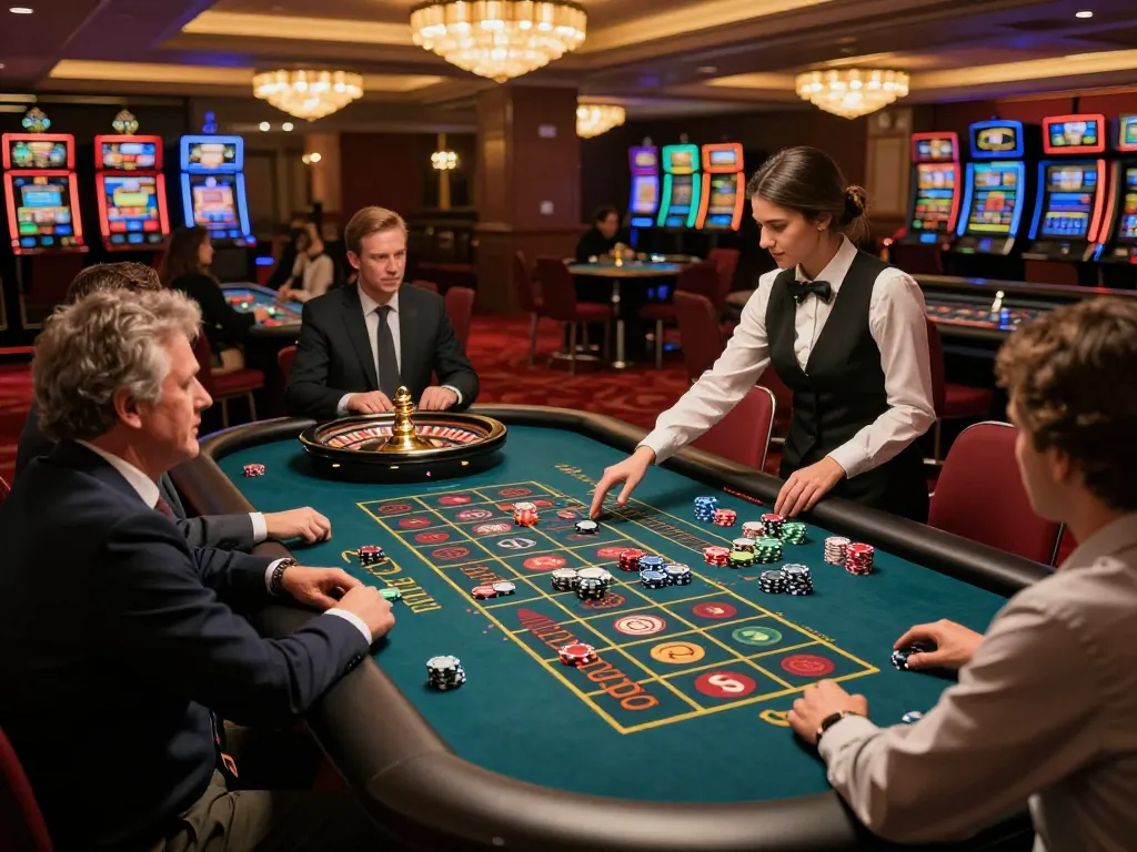 sun win roulette table scene with players engaging, croupier managing bets in an upscale casino