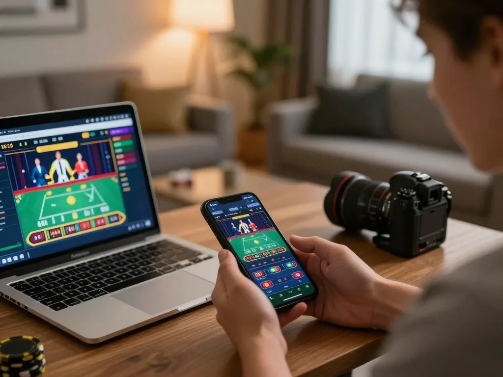 Player using betbet mobile app in a cozy home environment for an engaging gaming experience.