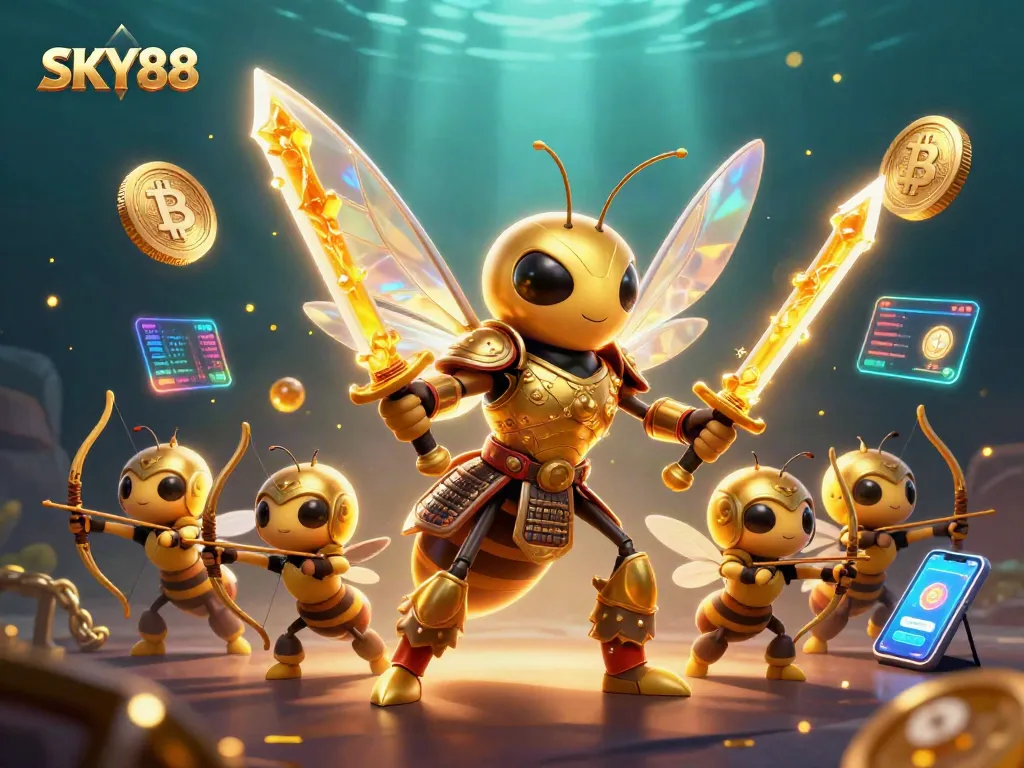 Experience thrilling bets and wins at SKY88, featuring vibrant casino elements and dynamic 3D artwork.
