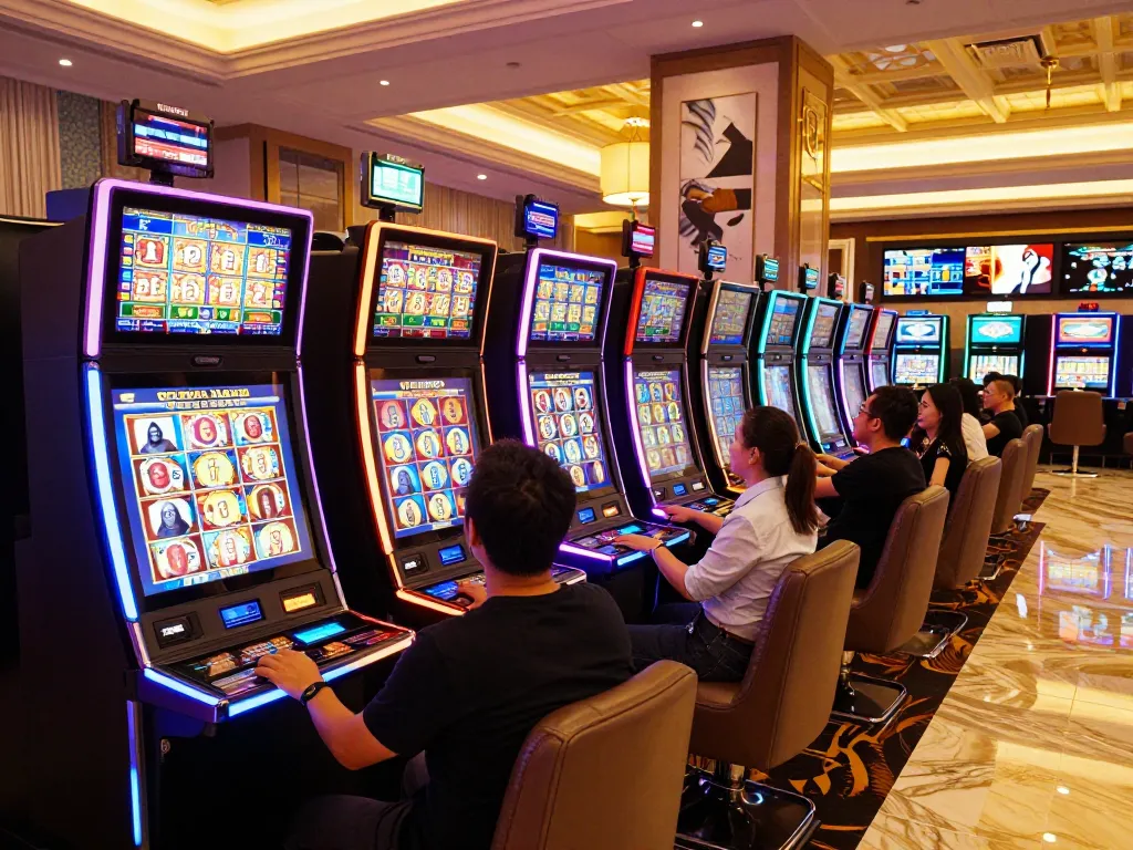 Players celebrating a win at 79KING's vibrant slot machine area, enhancing casino excitement.