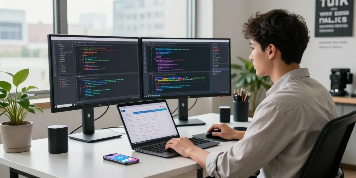 Engaged software developer in a tech workspace using the Telegram官网 app on multiple devices for productivity.