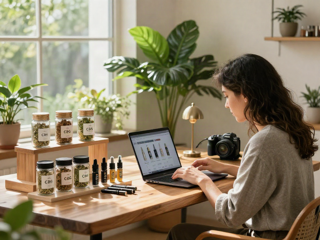 CBG kaufen: Entspannte Übersichtsaufnahme eines Online-Shops mit CBG Produkten und freundlicher Atmosphäre.