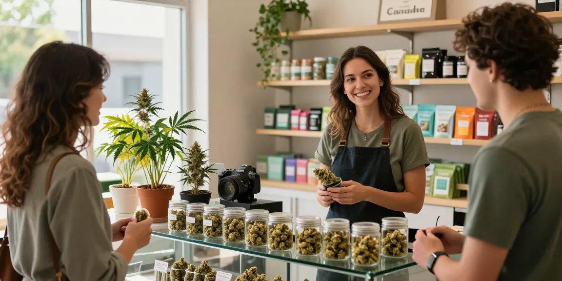 Exploring gold buds Canada at a vibrant cannabis dispensary with friendly staff.