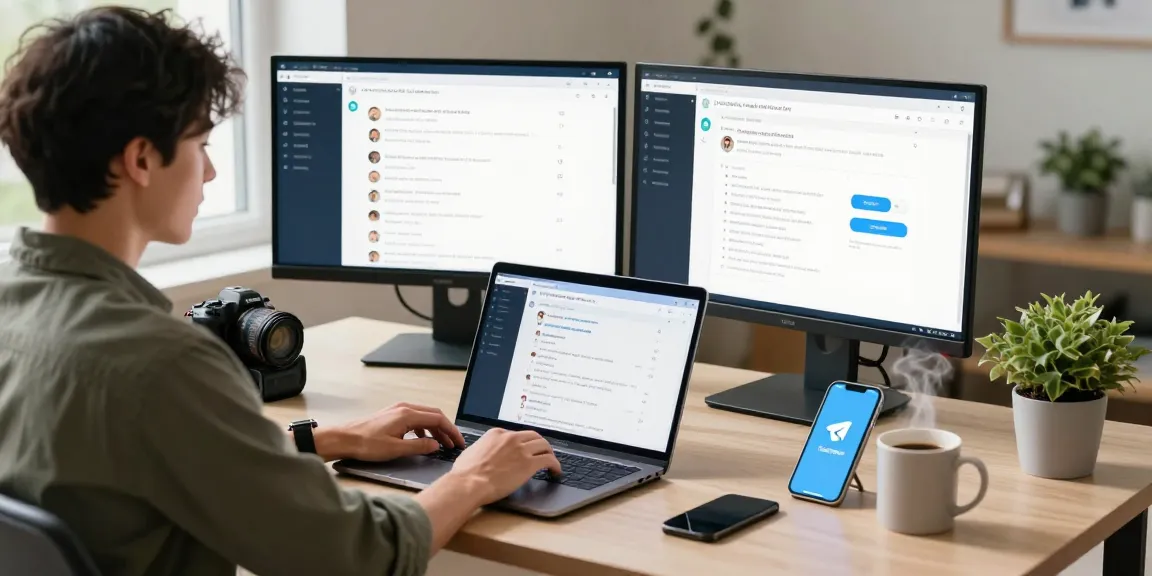 Accessing Telegram Web Version on a laptop in a stylish home office.