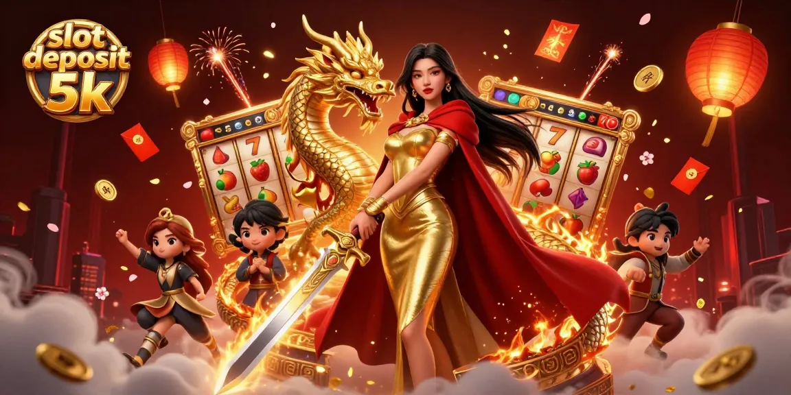 Spin and win with slot deposit 5k featuring a warrior queen and golden dragon illustration.