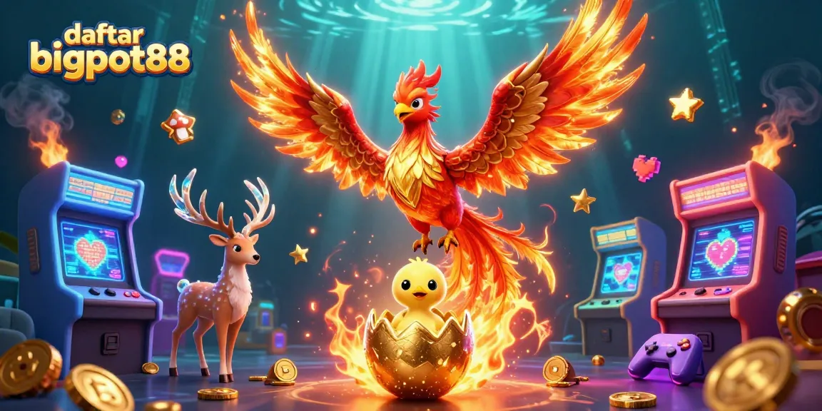 Engage in thrilling gaming with daftar bigpot88 showcasing a fire phoenix and baby phoenix among vibrant arcade elements.