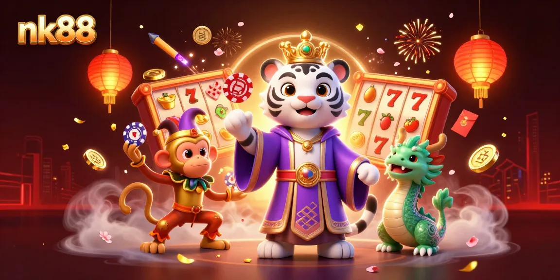 Experience the thrill of nk88 with a lively scene featuring a majestic tiger, monkey, and jade dragon.