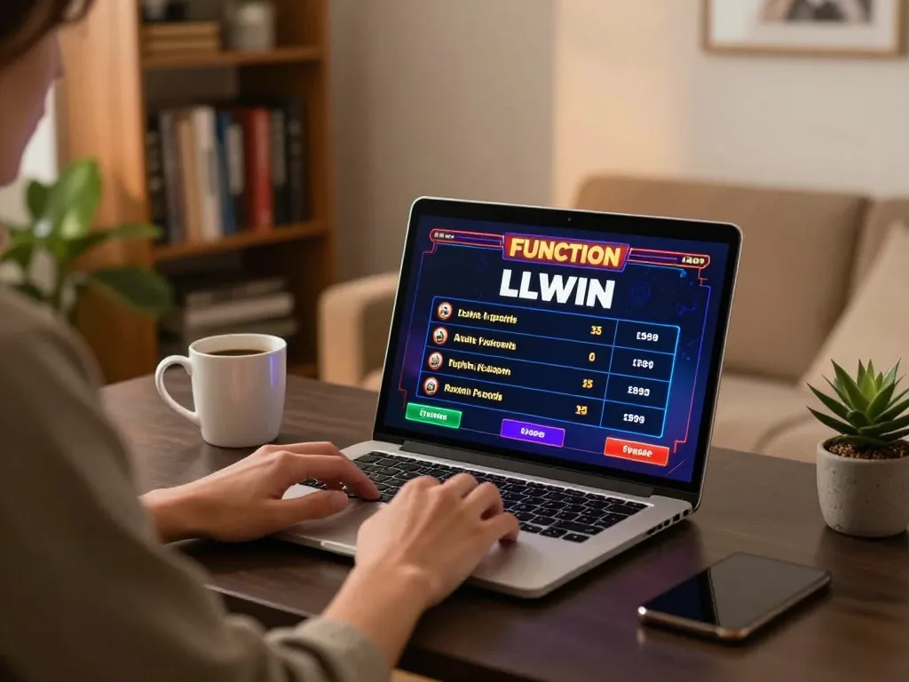 Engage with the LLWIN Function in a cozy online gaming setup, showcasing vibrant slots gameplay on a laptop.