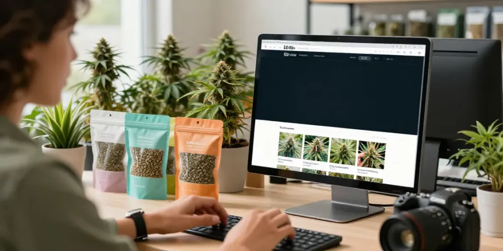 Cannabissamen in einem modernen Onlineshop kaufen mit bunten Saatgutpackungen.