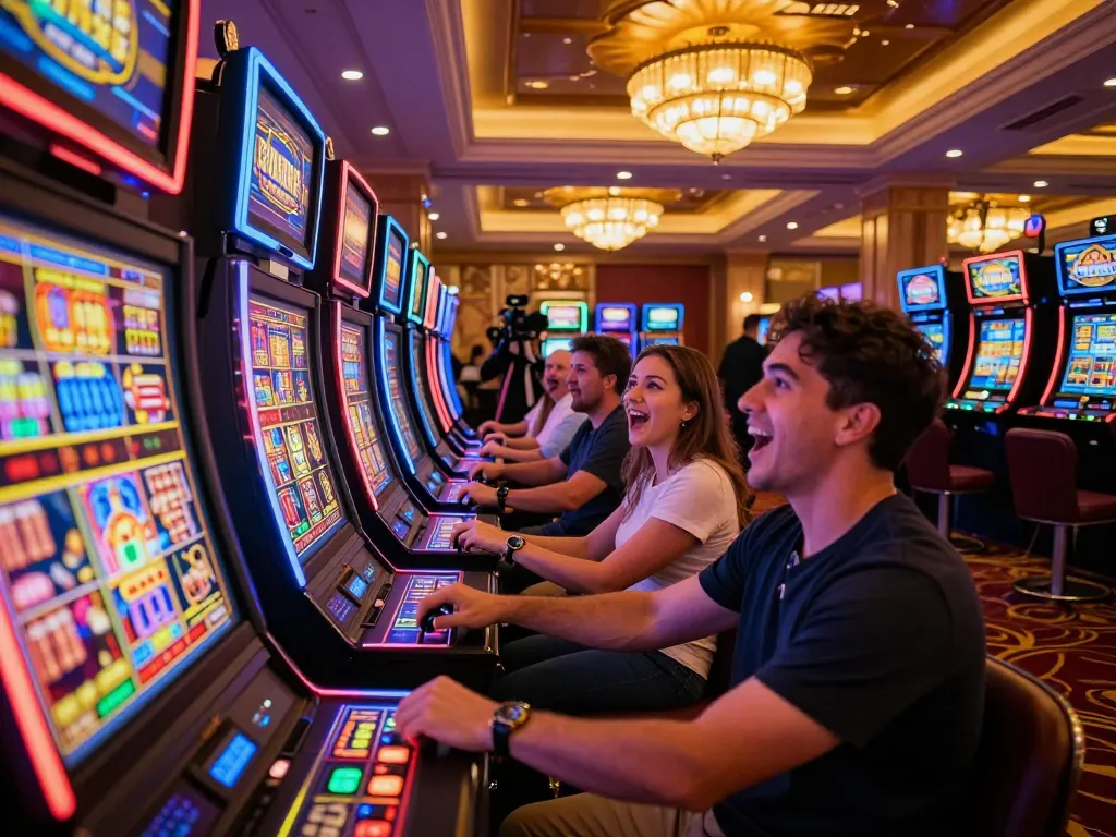 Experience the excitement of 888NEW in a vibrant casino filled with spinning slot machines.