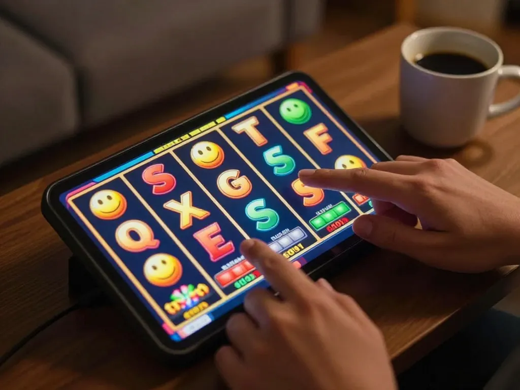 Enjoying a thrilling session of link slot gacor on a smartphone with colorful spinning reels.