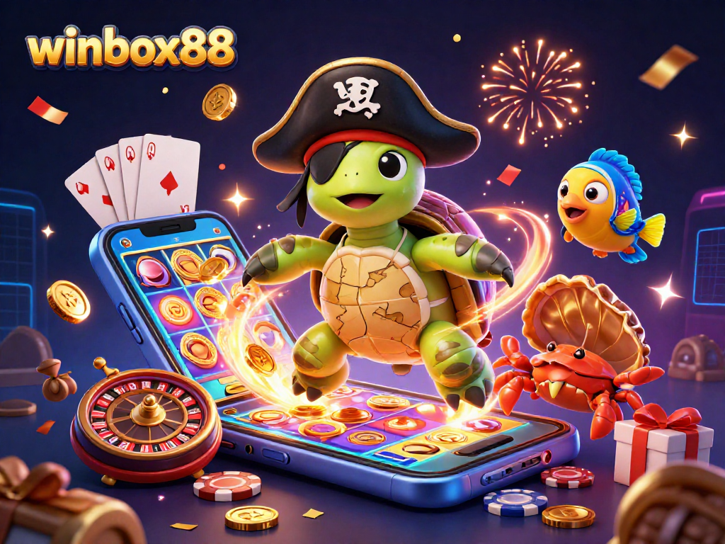 Experience thrilling play at winbox88 with vibrant slot games, pirate characters, and casino elements.