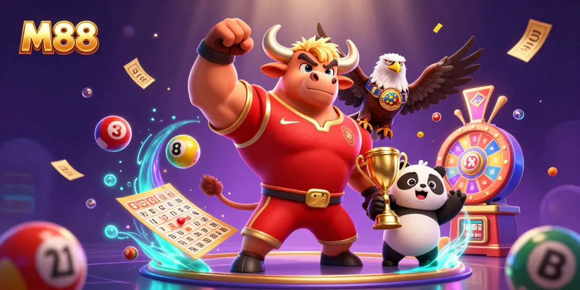 Engage with M88's exciting online gaming experience surrounded by celebratory elements and vibrant casino visuals.