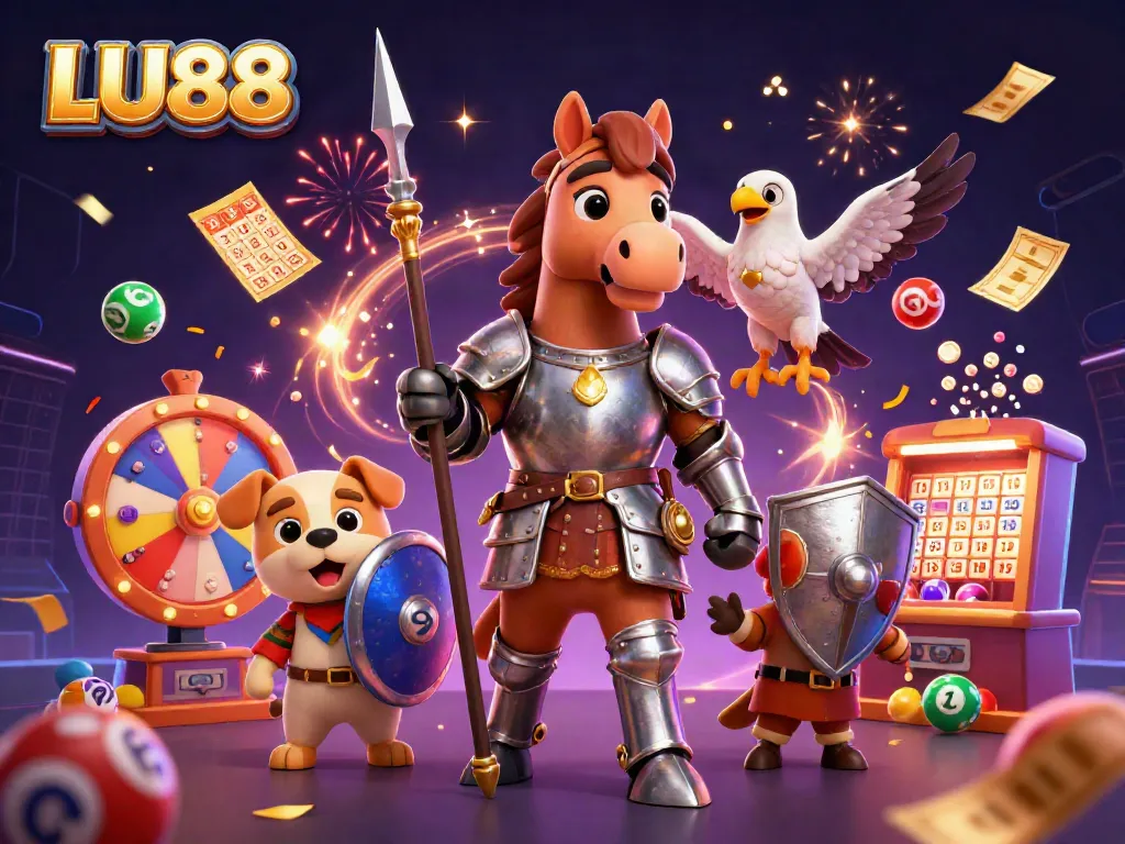 LU88 showcases thrilling lottery action with vibrant balls, a knight, and fun casino elements.