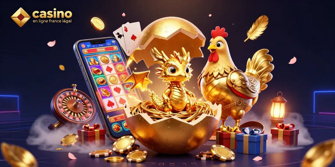 Illustration dynamique de casino en ligne légal en France avec un œuf doré, un dragon en or et des jetons de poker.