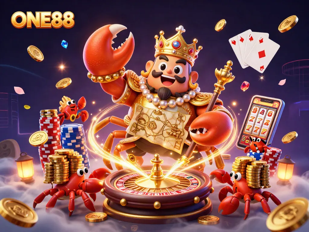 Experience the excitement of ONE88 with golden crab emperor and sparkling casino treasures.