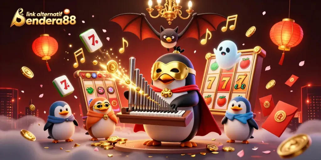 Menghadirkan link alternatif bendera88, penguin opera bermain organ dengan koin emas dan elemen slot yang ceria.