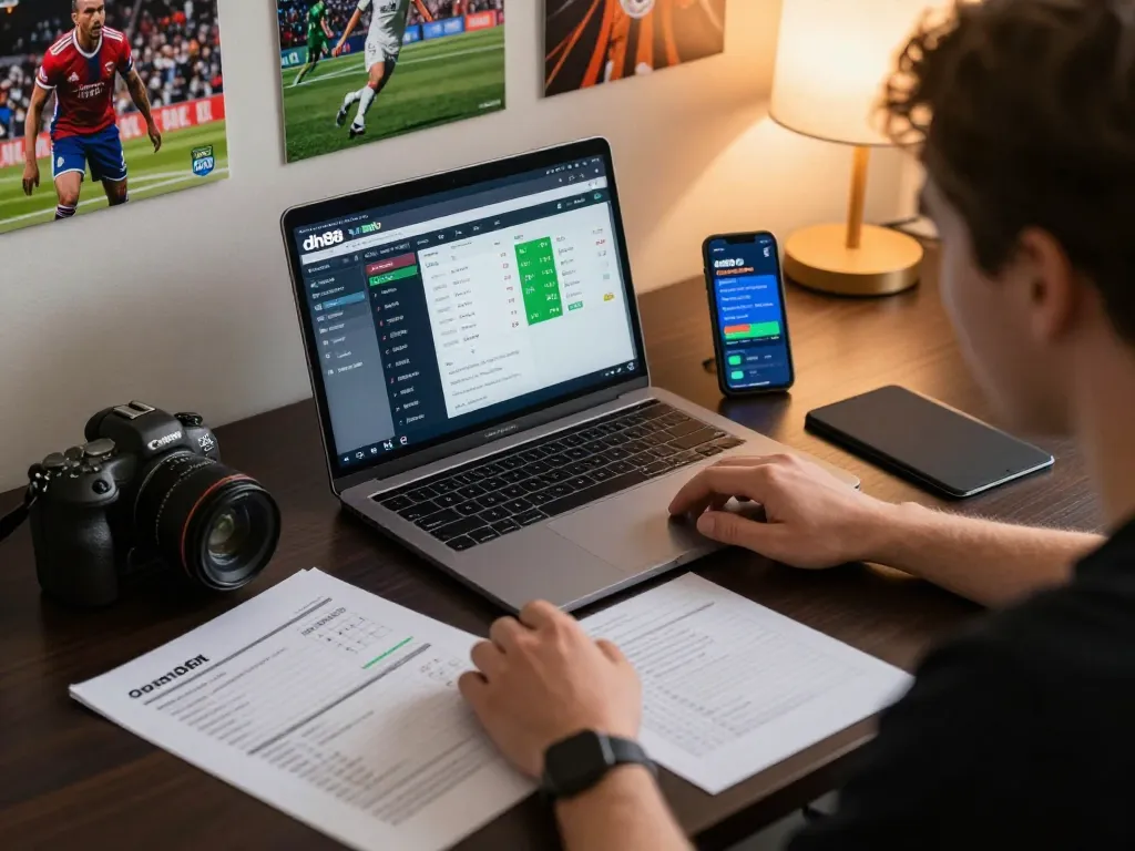 Engaging in dh88 bet on laptop with live sports odds displayed in a cozy home office