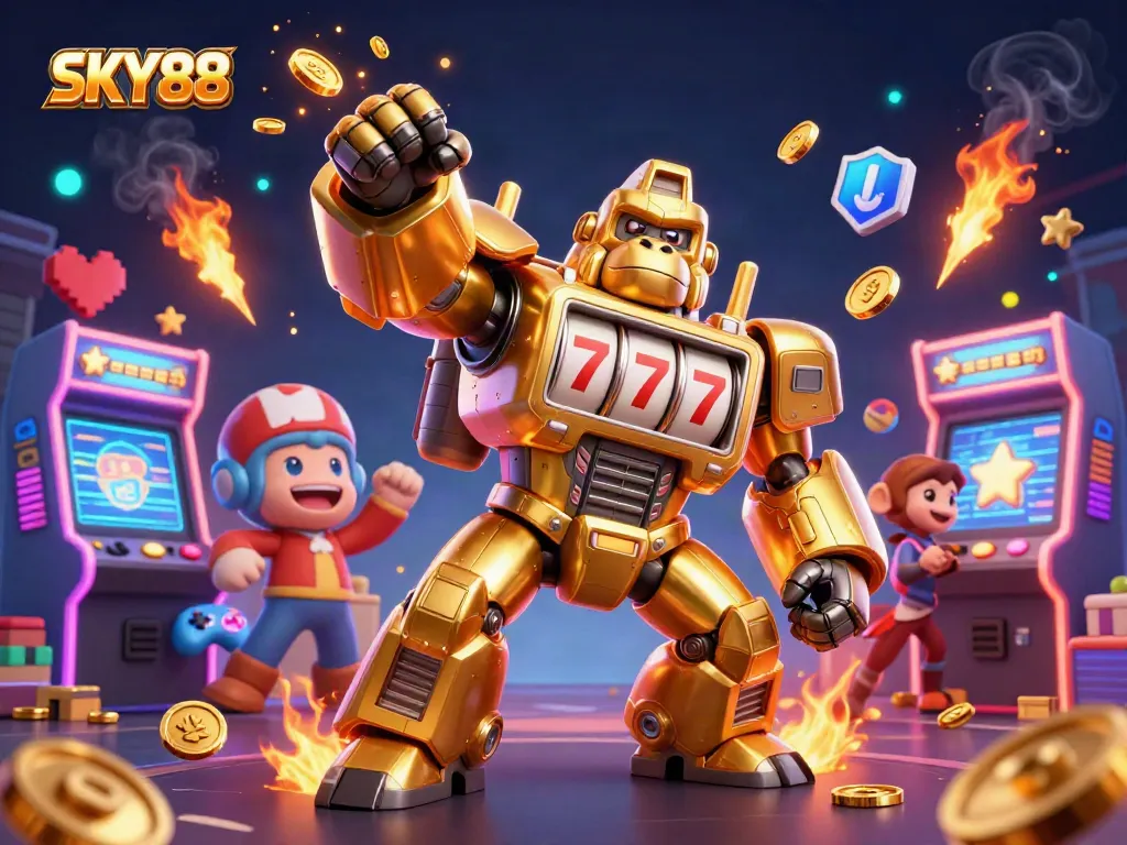 Experience the excitement of betting at SKY88 with a dynamic 3D casino illustration showcasing a golden gorilla mech.