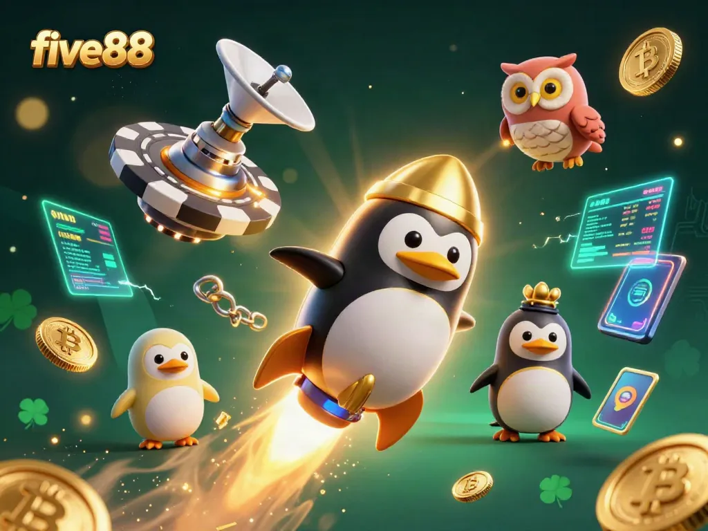 Experience five88 with the golden penguin soaring to win amid floating coins in a vibrant casino setting.