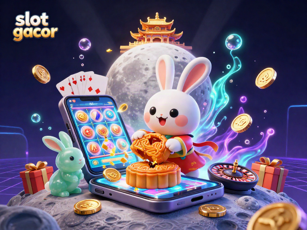 Experience slot gacor with a vibrant scene of a moon rabbit, golden coins, and casino elements in a rich, dynamic illustration.