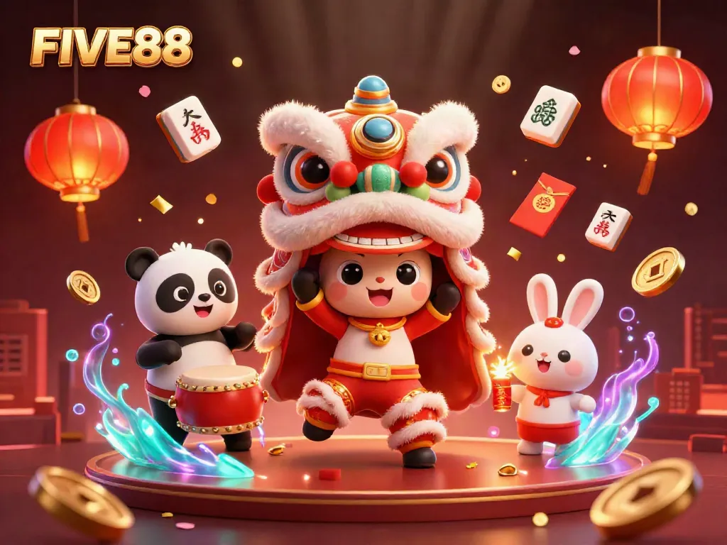 Experience excitement at FIVE88 with a dynamic lion dance showcasing vibrant casino elements.