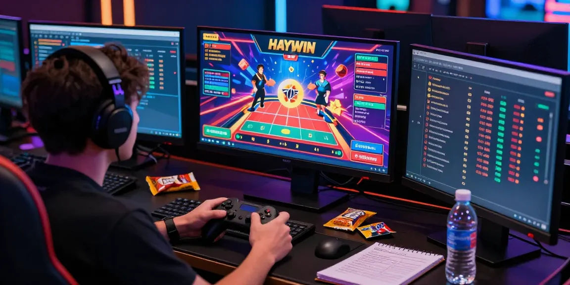 Player engaged in online gaming on HAYWIN platform with vibrant screen interfaces and energetic atmosphere.