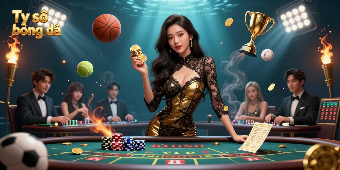 Tỷ số bóng đá showcased with a beautiful Asian woman holding golden casino chips at a VIP table surrounded by dynamic sports elements.