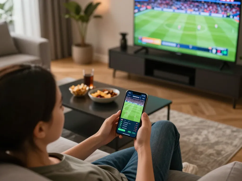 Engaging in sports betting on keonhacai app with live game action in background.