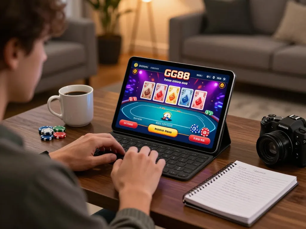 Engaging in GG88 online poker, showcasing gameplay on tablet in a cozy living room.