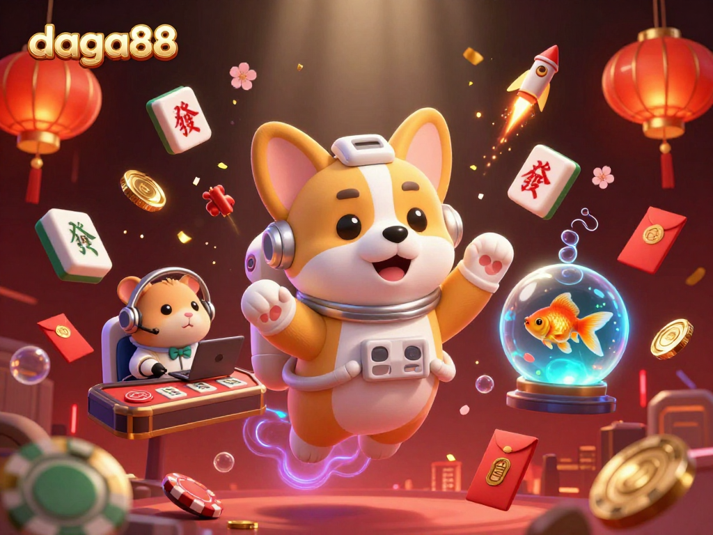 Win big at daga88 with exciting floating casino elements and fun characters in a vibrant scene.