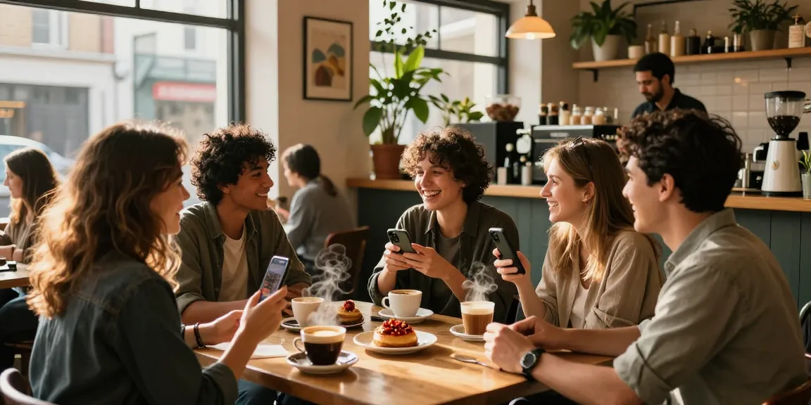 Friends enjoying a lively spicy chat over coffee in an urban café.