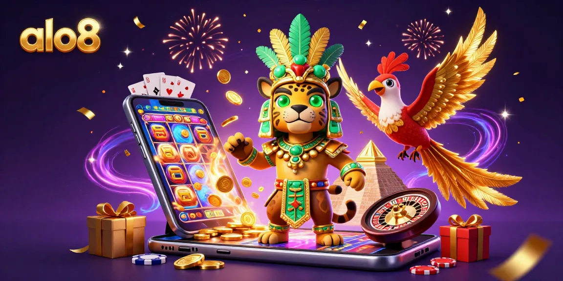 Experience the excitement of playing at alo8 with a vibrant scene showcasing slot games, poker elements, and a Mayan priest.