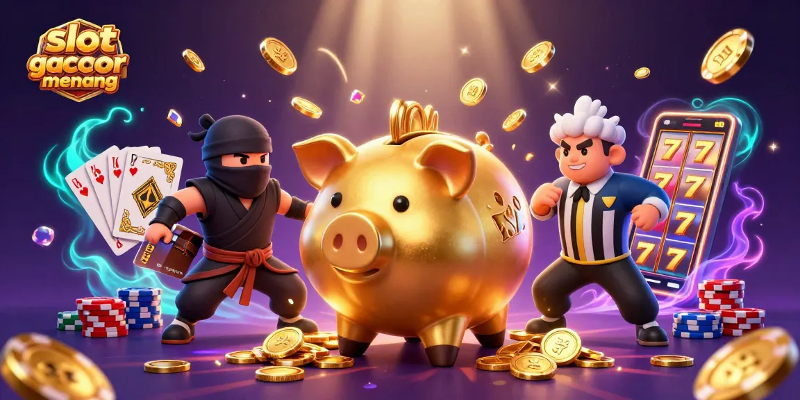 Permainan slot gacor gampang menang dengan celengan unik dan elemen menarik lainnya dalam ilustrasi kasino.