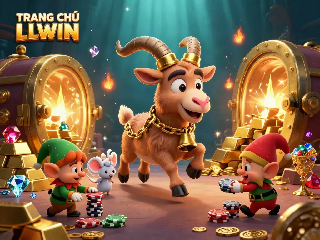 Experience the thrilling environment of TRANG CHỦ LLWIN with casino elements and vibrant characters stealing poker chips.