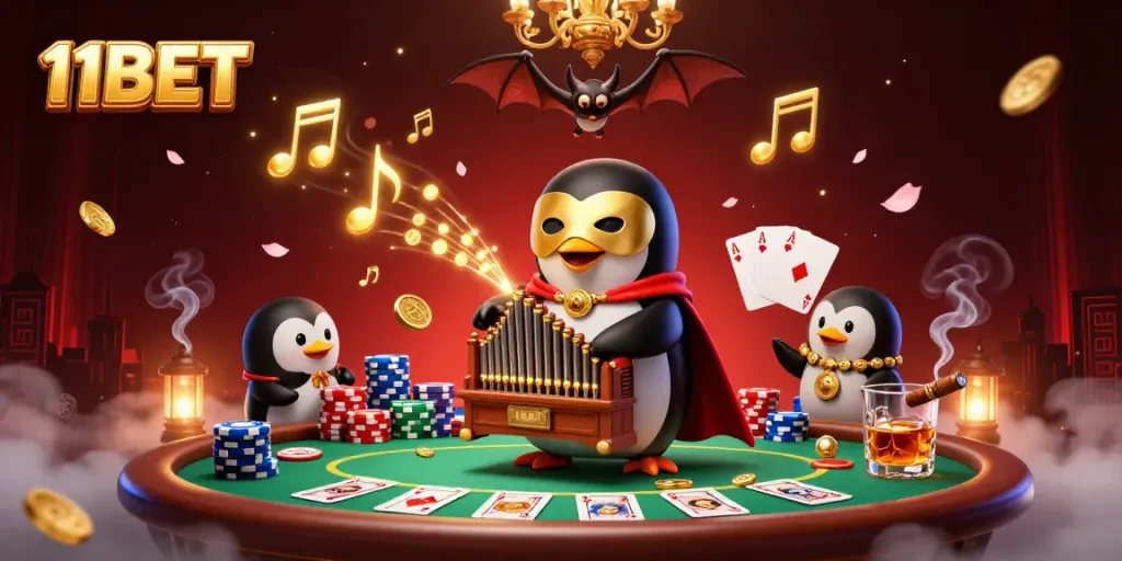 11BET showcases exciting gaming with a phantom penguin, coins flying from a captivating pipe organ