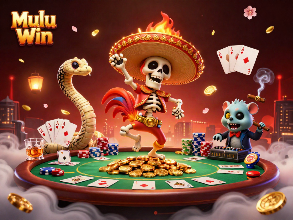 Mulu Win showcases a vibrant 3D scene with a dancing mariachi skeleton and casino elements, embodying excitement.
